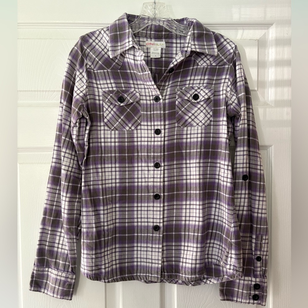 O'Neill Purple Gray Plaid flannel long sleeve women’s Shirt large button up